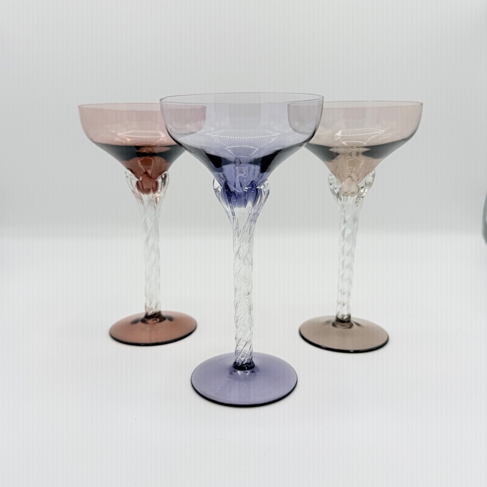 1960s Italian Blefeld Harlequin Twisted-Stem Champagne Coupes, Set of 3